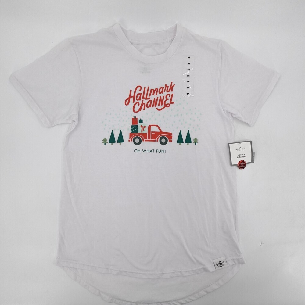 NEW Christmas Hallmark Channel Shirt Womens Medium White Red Truck Tree Holiday